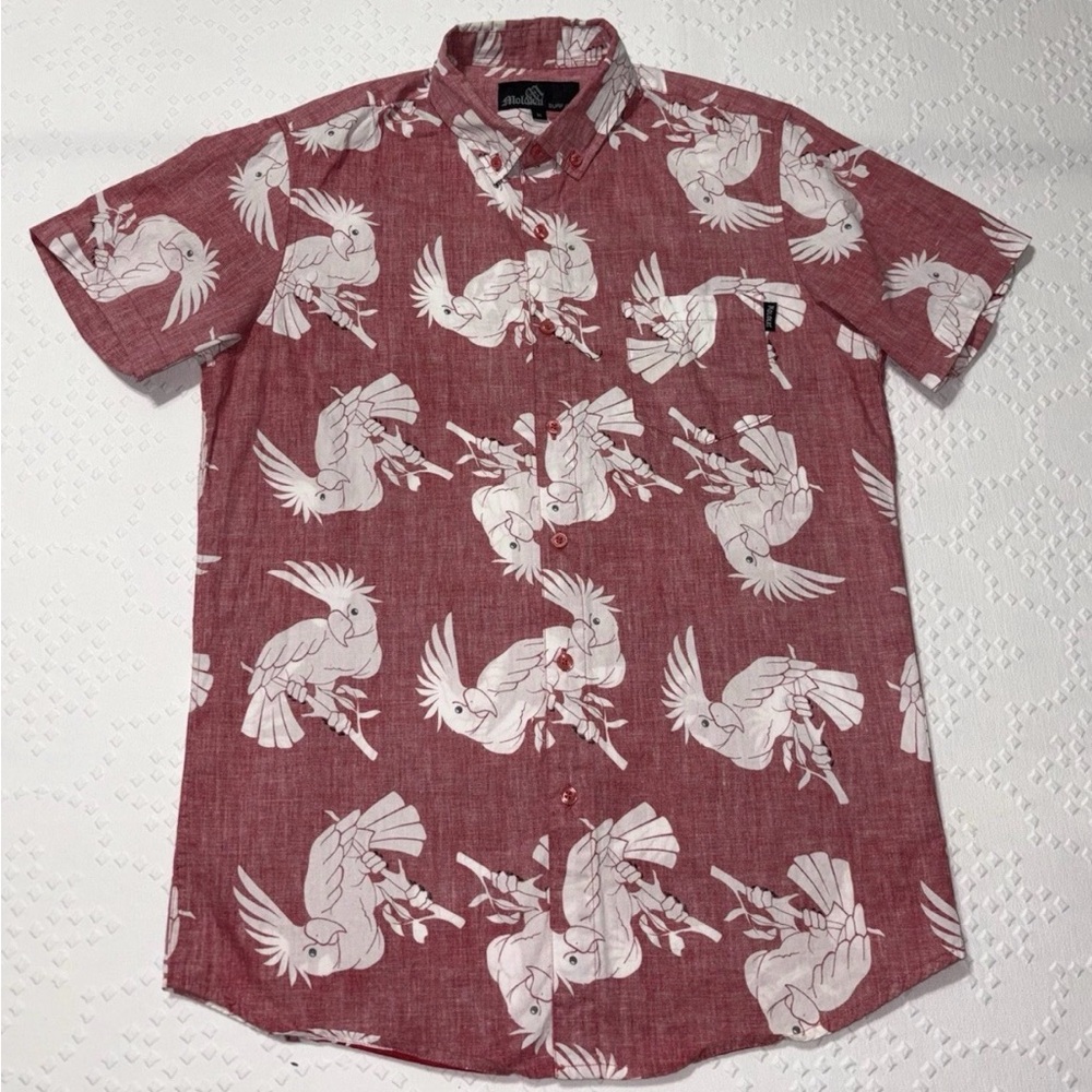 Molokai Surf Co Mens Medium Shirt Red Tropical Birds Aloha Hibiscus